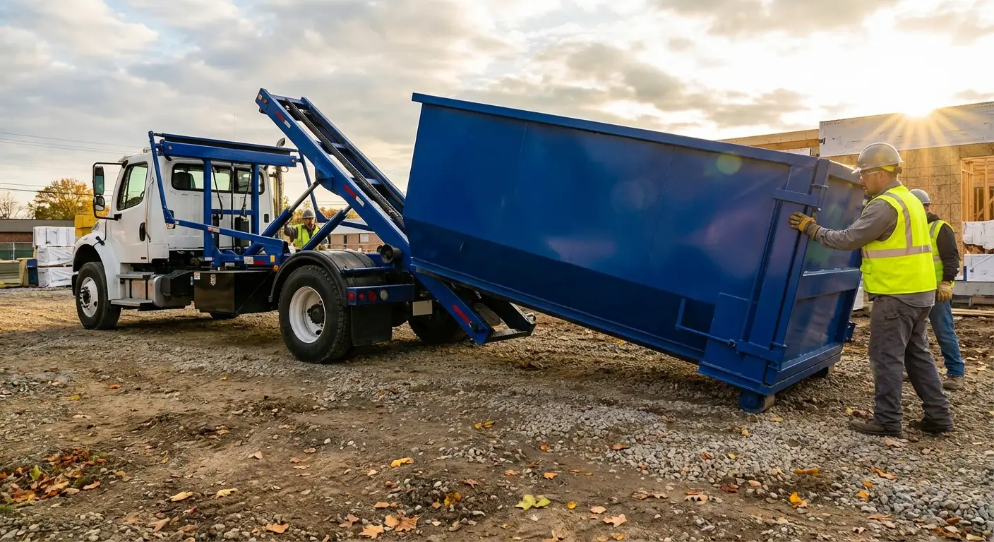Construction dumpster delivery truck at job site in Fort Worth, TX
