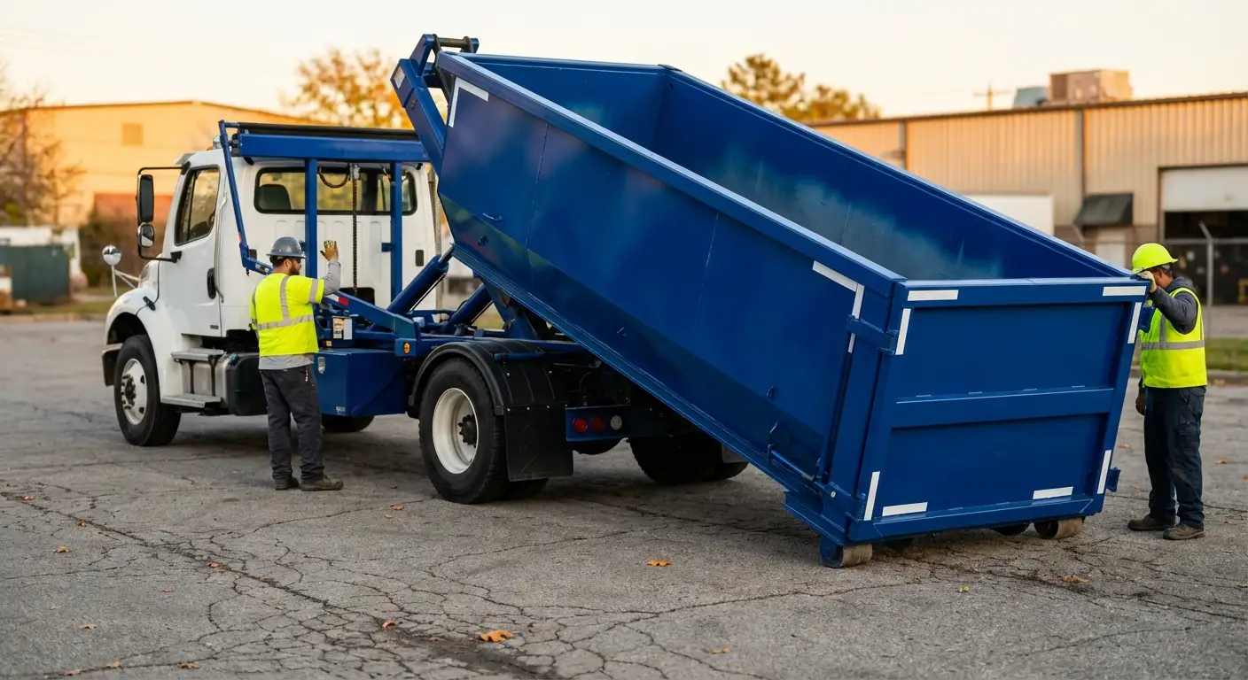 Roll-off dumpster rental truck protecting driveway surfaces in Fort Worth, TX
