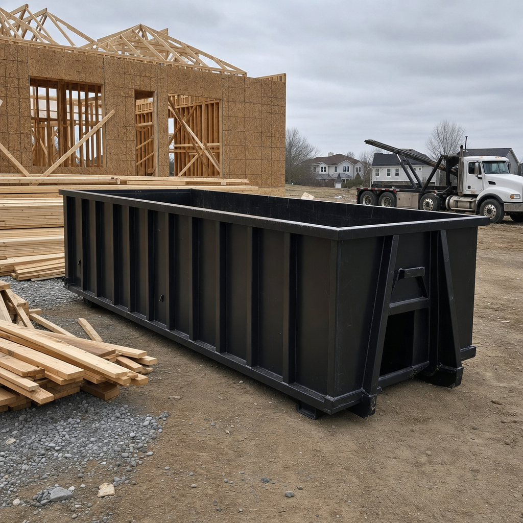 Matte-black 40-yard roll-off dumpster staged on a framed-out residential construction site in Fort Worth, framing lumber stacked nearby, hooklift delivery truck visible in the background under bright Colorado daylight