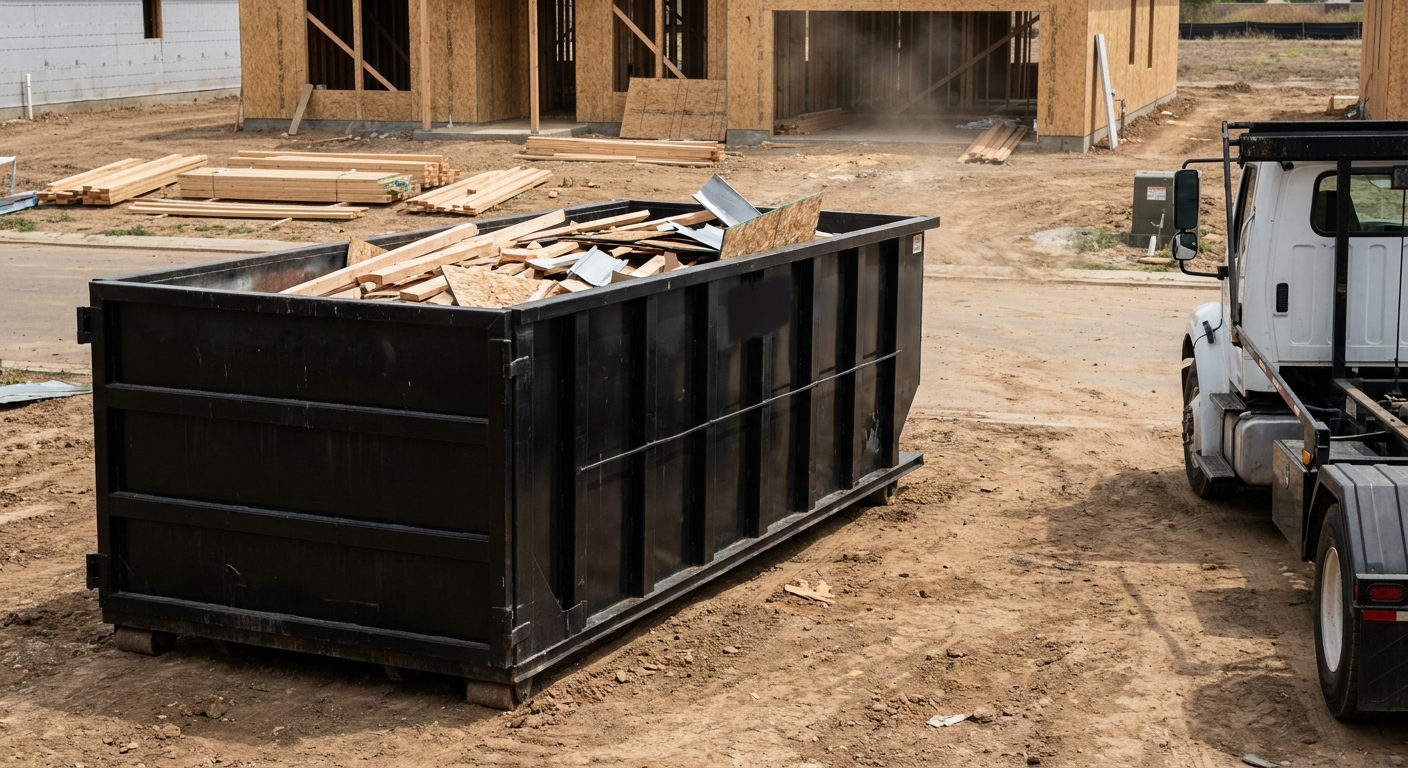 Matte-black 20-yard roll-off construction dumpster with heavy ribbed steel sidewalls and swing rear doors at a working jobsite in Fort Worth, sitting directly on compacted dirt with an unmarked white hauler partially visible at the far edge of the frame.