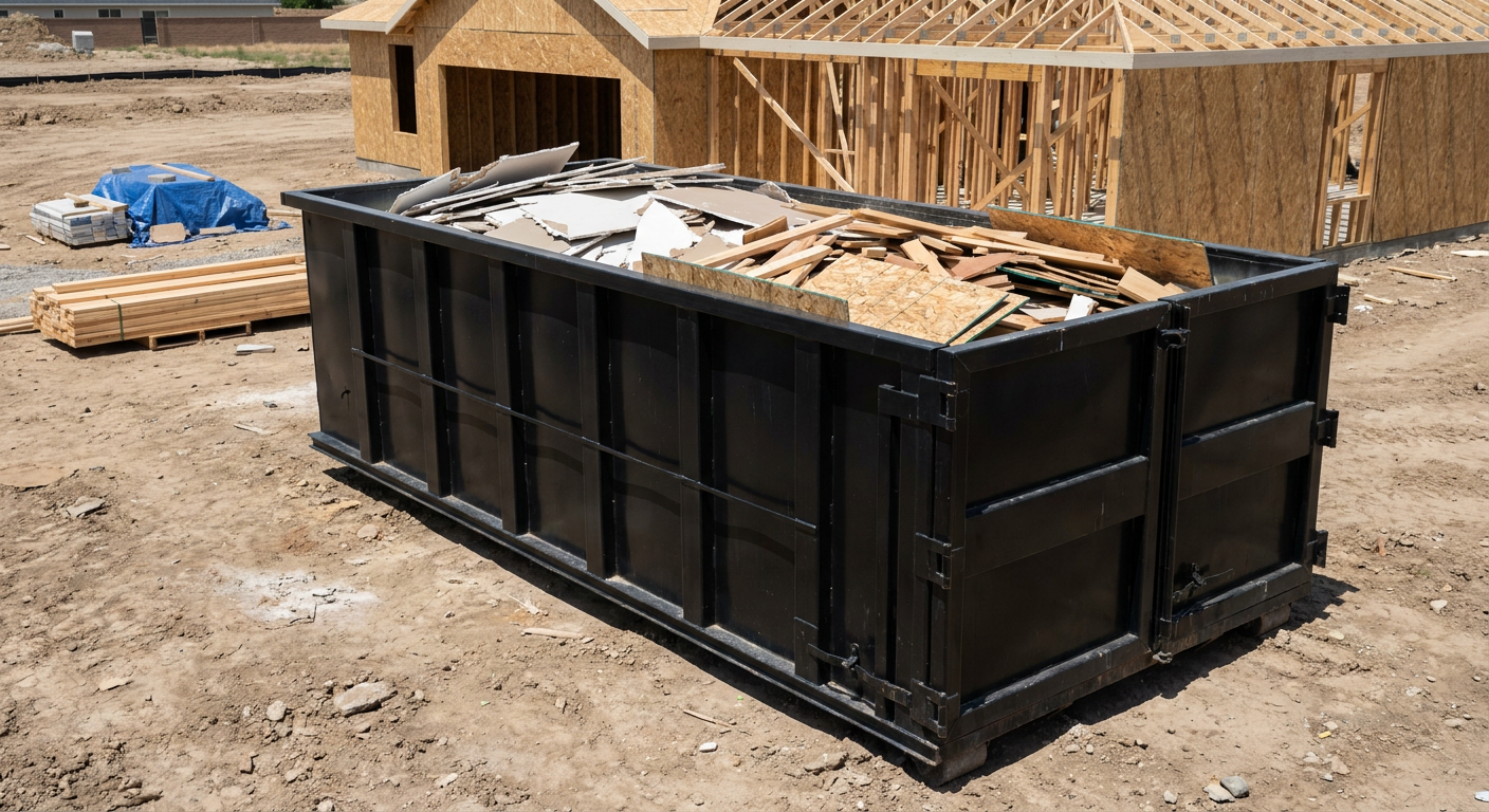 Matte-black 30-yard roll-off construction dumpster sitting directly on the compacted-dirt site of a framed single-family home build in Fort Worth, drywall and lumber scrap loaded inside.