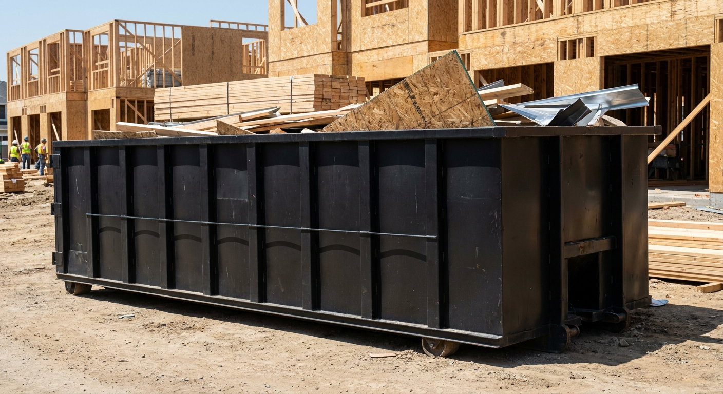 Matte-black 40-yard roll-off construction dumpster being lowered from a white-cab hooklift delivery truck onto the compacted-dirt jobsite at a commercial build site in Fort Worth