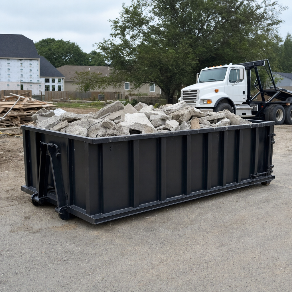 Low-profile matte-black lowboy roll-off dumpster loaded with broken concrete slab and rebar at a foundation tear-out in Fort Worth, skid steer parked beside it, sunny Colorado morning