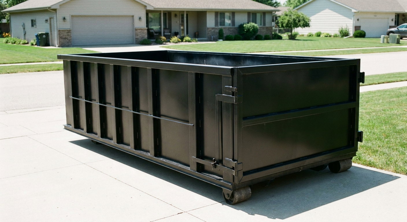 Matte-black 10-yard roll-off dumpster on a residential concrete driveway in Fort Worth, uniformly painted matte black across every panel and rail, ribbed steel sidewalls and rear swing door visible, mid-day daylight.