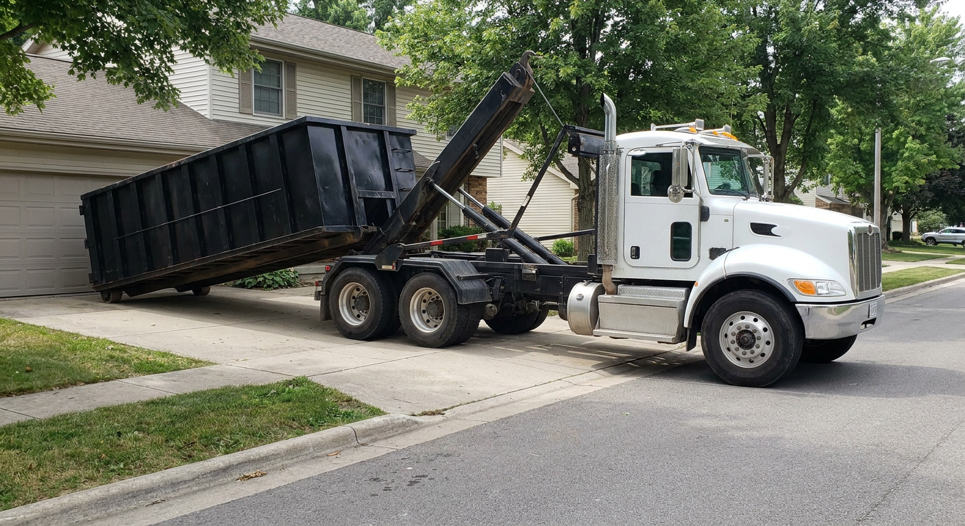 White-cab hooklift roll-off truck actively lowering a matte-black dumpster onto a Fort Worth residential concrete driveway, the dumpster's rear wheels touching the driveway as the hoist arm tilts the bed forward, mid-morning daylight.