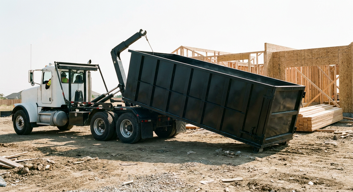 Matte-black roll-off dumpster being delivered onto a clean residential concrete driveway in Fort Worth by an unmarked white hooklift hauler truck, bright morning daylight, documentary 35mm perspective.