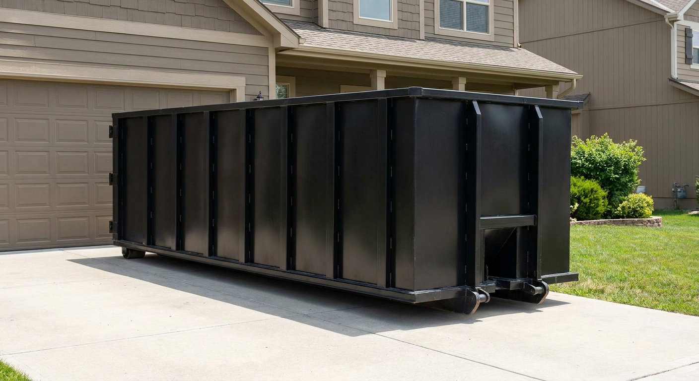 Matte-black residential roll-off dumpster sitting directly on a suburban Fort Worth concrete driveway, garage door closed, single-family home in background, bright morning daylight.