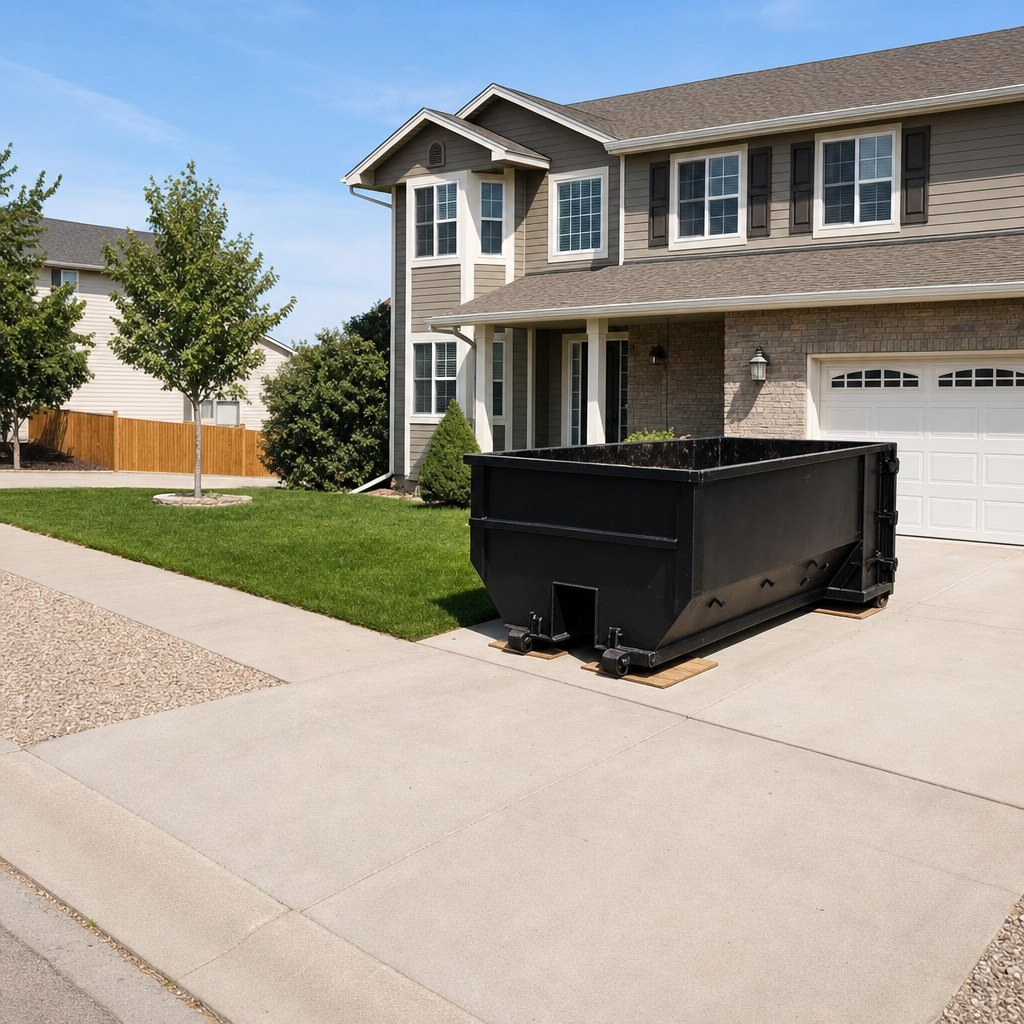 10-yard matte-black residential dumpster placed directly on a narrow Fort Worth concrete driveway, room remains for a parked sedan beside it, mid-morning natural light