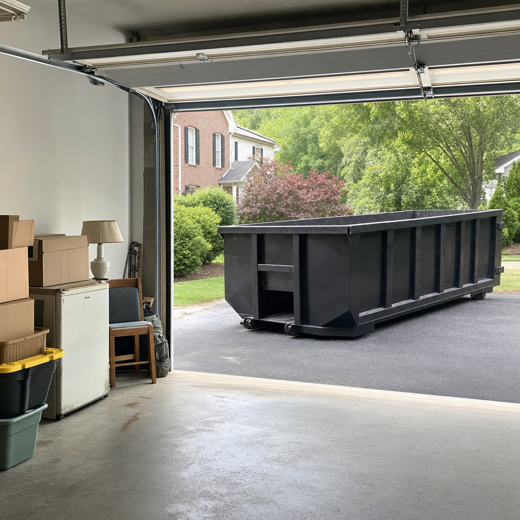 Open garage interior in a Fort Worth home mid-cleanout — boxed items, an old appliance, and stacked yard tools queued near the driveway for a matte-black roll-off dumpster, organized and calm