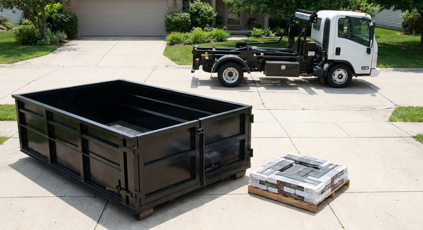 Matte-black 15-yard roofing roll-off dumpster with reinforced low side walls sitting directly on a Fort Worth residential concrete driveway, three-tab asphalt shingle bundles stacked nearby, an unmarked white hauler truck partially visible at the edge of the frame.
