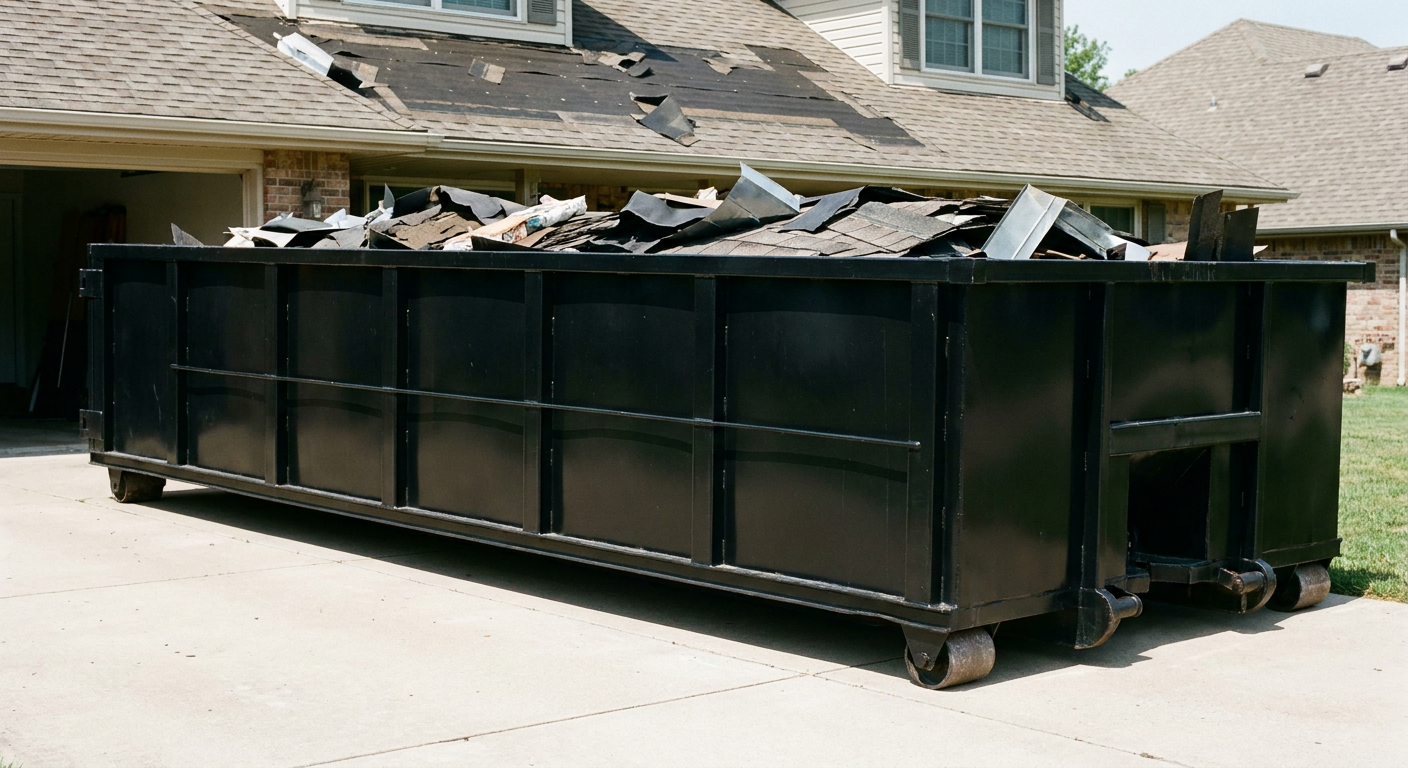Matte-black 20-yard roofing roll-off dumpster with steel ribbed sides and swinging rear door, sitting directly on the concrete driveway of a two-story Fort Worth home, asphalt shingle debris being loaded over the low wall, clean documentary lighting.
