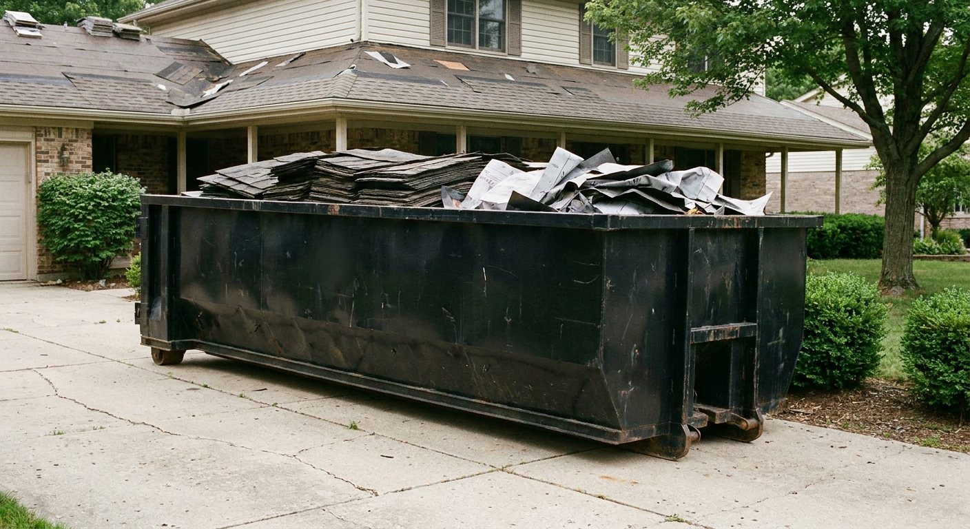 Matte-black 30-yard roofing roll-off dumpster sitting directly on a Fort Worth concrete driveway, taller ribbed steel side panels, mixed tear-off debris of asphalt shingles and underlayment inside, professional documentary daylight.
