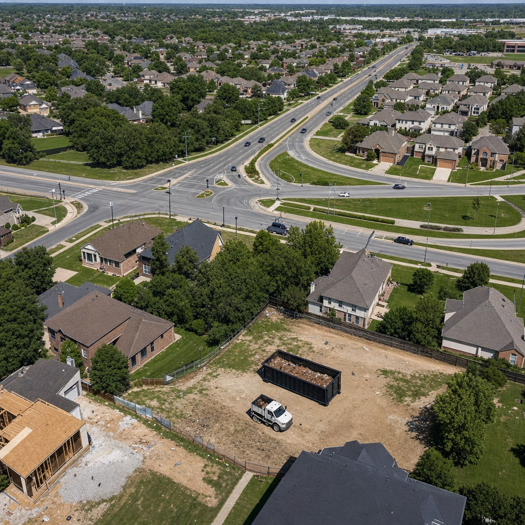 An overhead documentary view of the Fort Worth metro area at midday, showing the spread of neighborhoods, arterial roads, and the dispatch radius from a central yard — clean daylight, organized geographic layout.