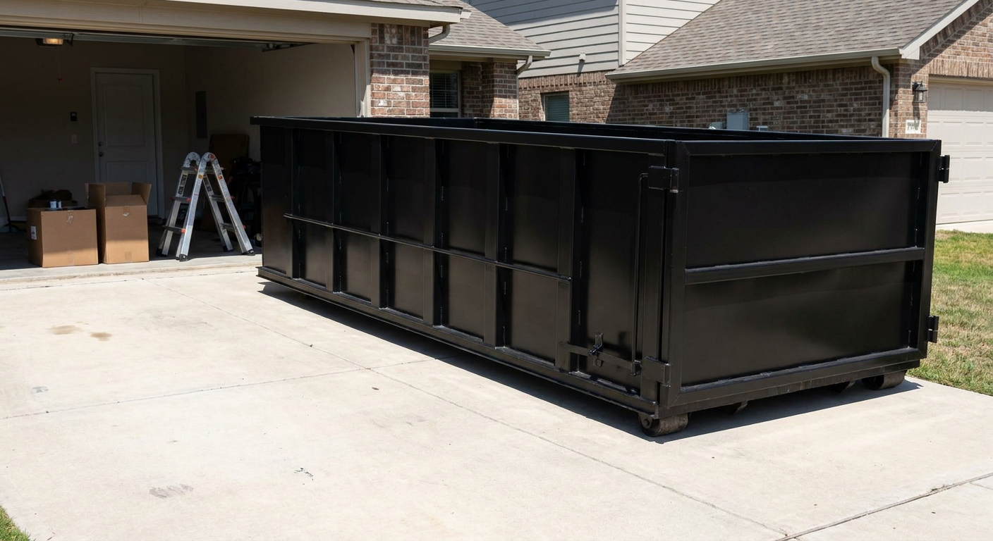 A matte-black 10-yard roll-off dumpster sitting directly on a residential Fort Worth concrete driveway, mid-day sunlight, clean and ready for a garage cleanout.