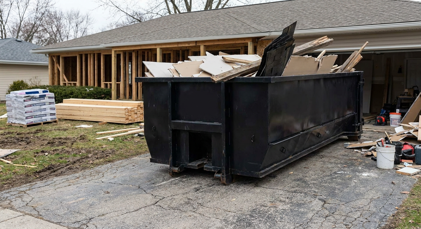 A matte-black 20-yard roll-off dumpster placed alongside a mid-renovation Fort Worth home directly on the asphalt driveway, with framing materials and torn-off shingles staged neatly nearby.
